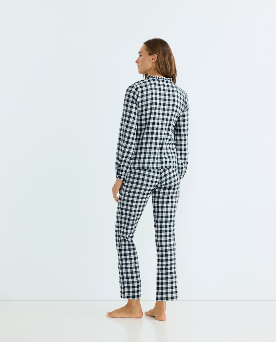 Pijama Mujer Algodón Cuadros Volante Azul-2