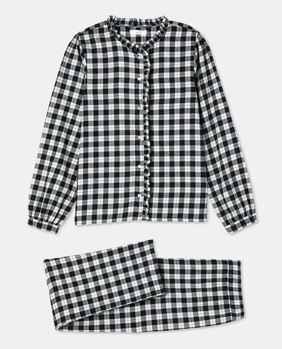 Pijama Mujer Algodón Cuadros Volante Azul-3