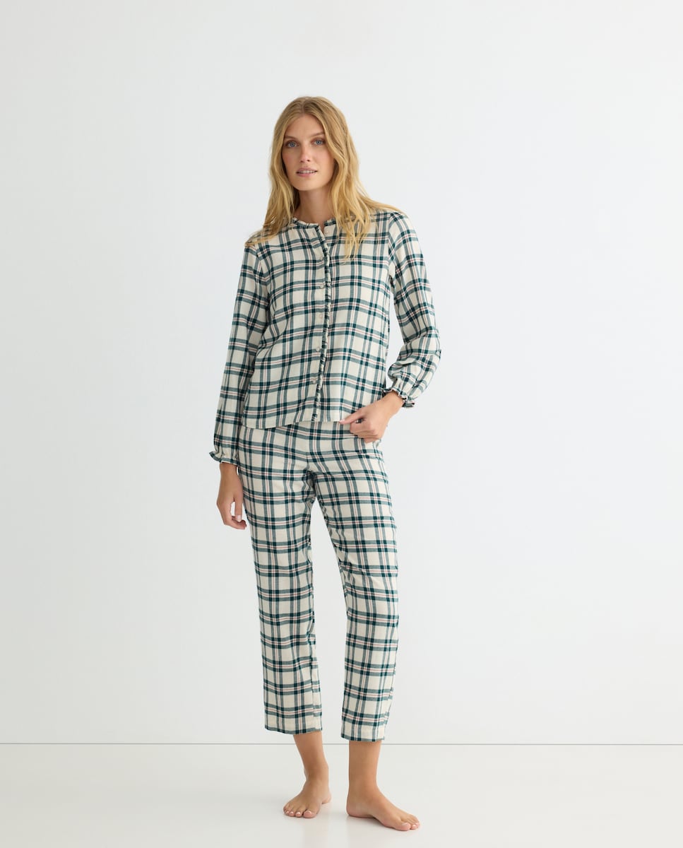 Pijama mujer franela cuadros minivolante Verde-1