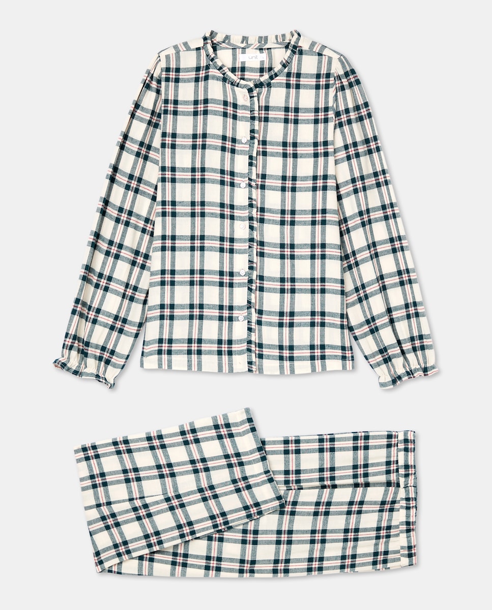 Pijama mujer franela cuadros minivolante Verde-4