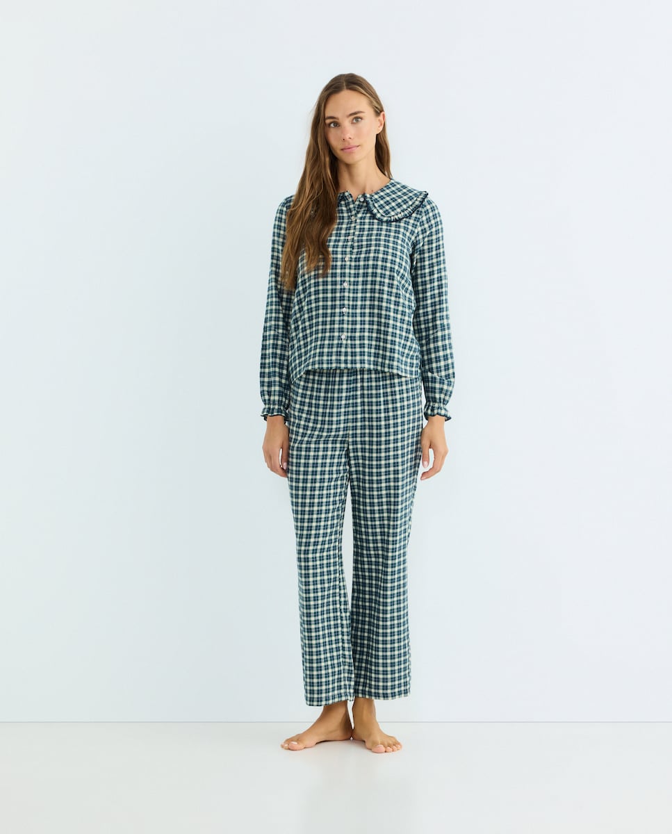 Pijama mujer franela cuadros cuello redondo Azul-2