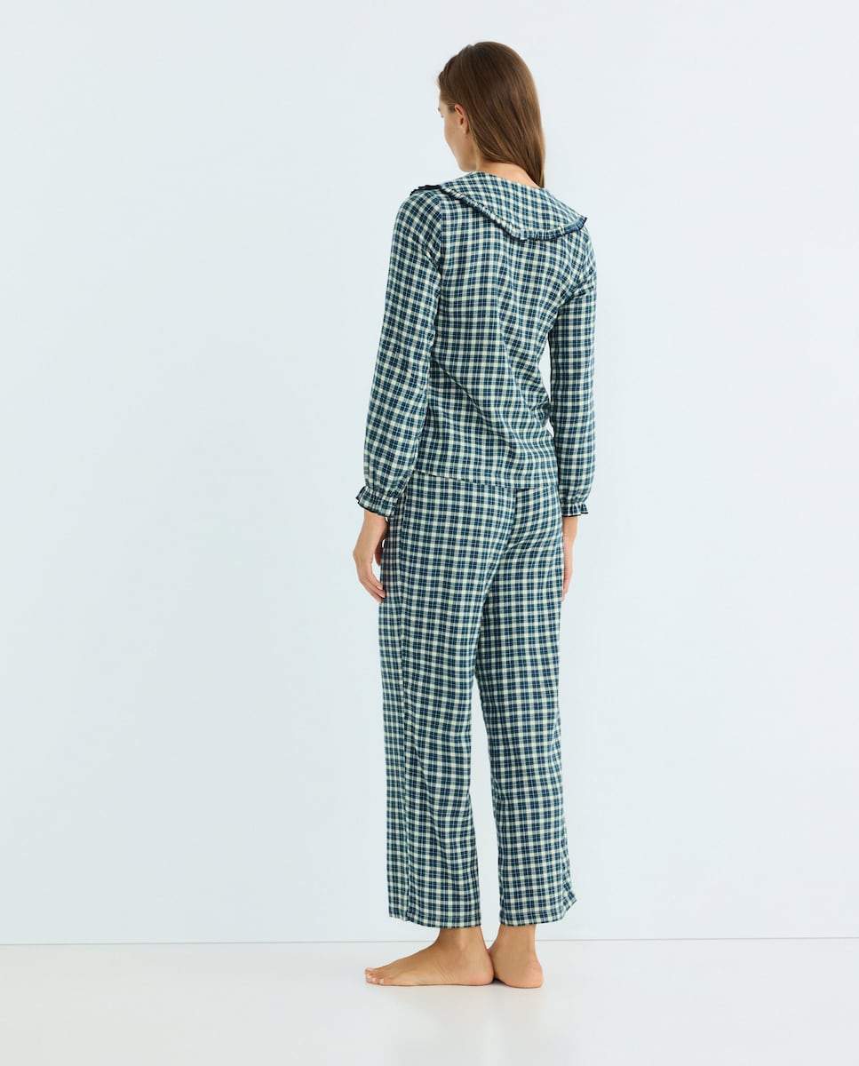 Pijama mujer franela cuadros cuello redondo Azul-3