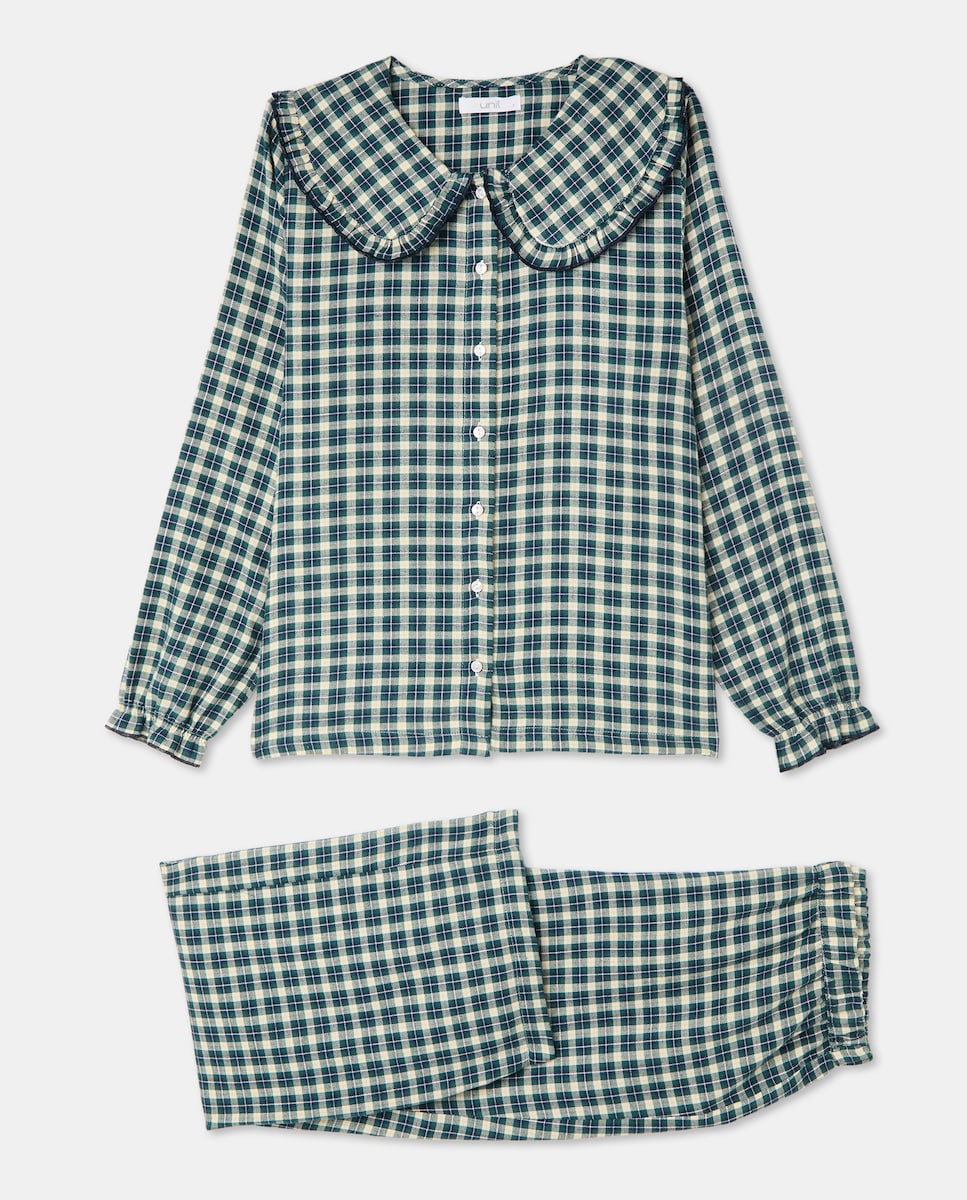 Pijama mujer franela cuadros cuello redondo Azul-4