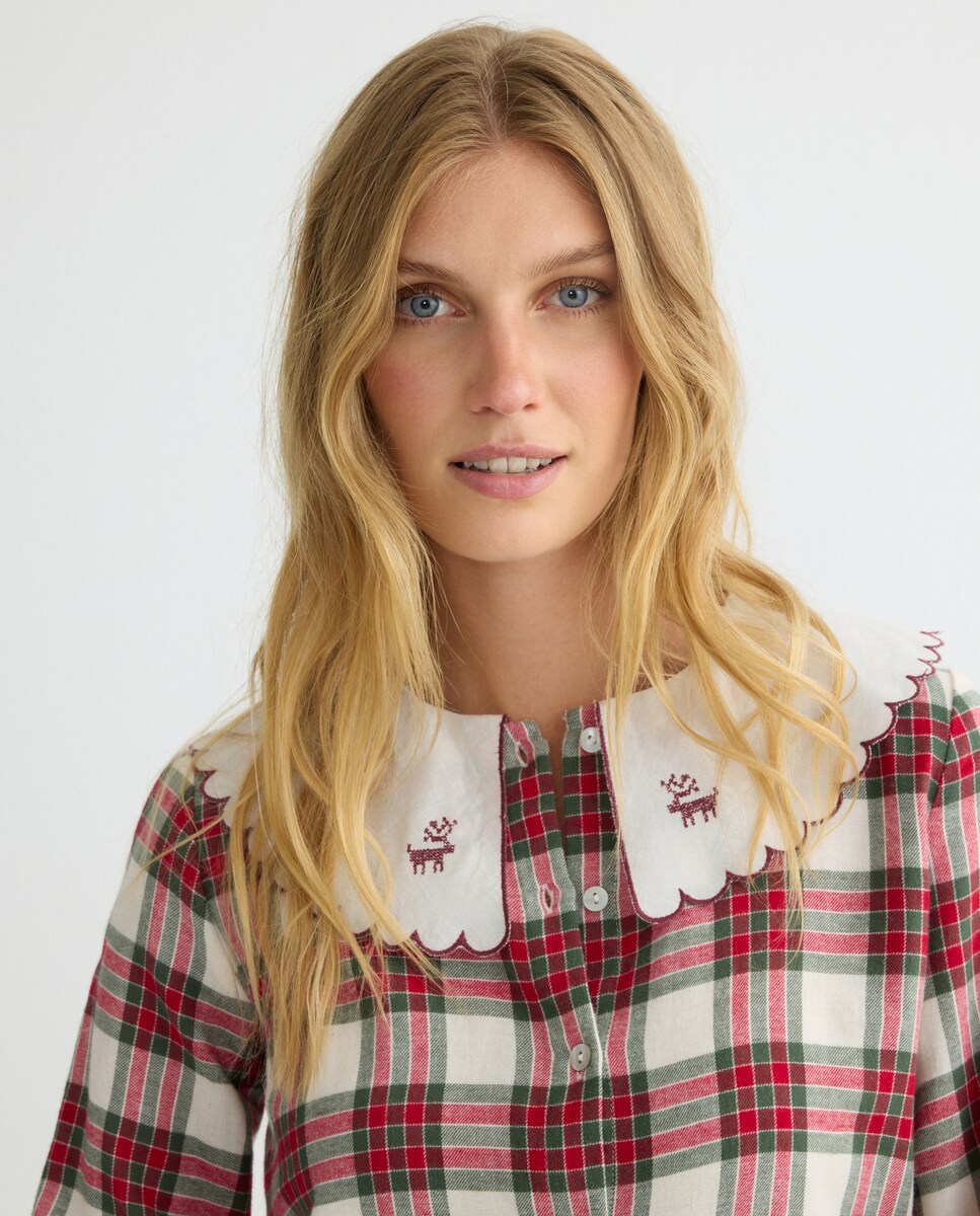 Pijama mujer franela cuello cuadros rojos Rojo-2