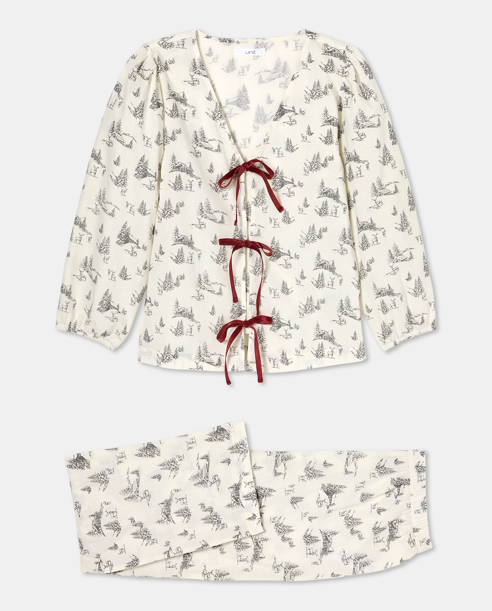 Pijama mujer franela lazos terciopelo Blanco-3