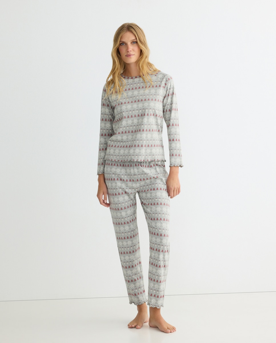 Pijama mujer algodón greca navideña Blanco-1