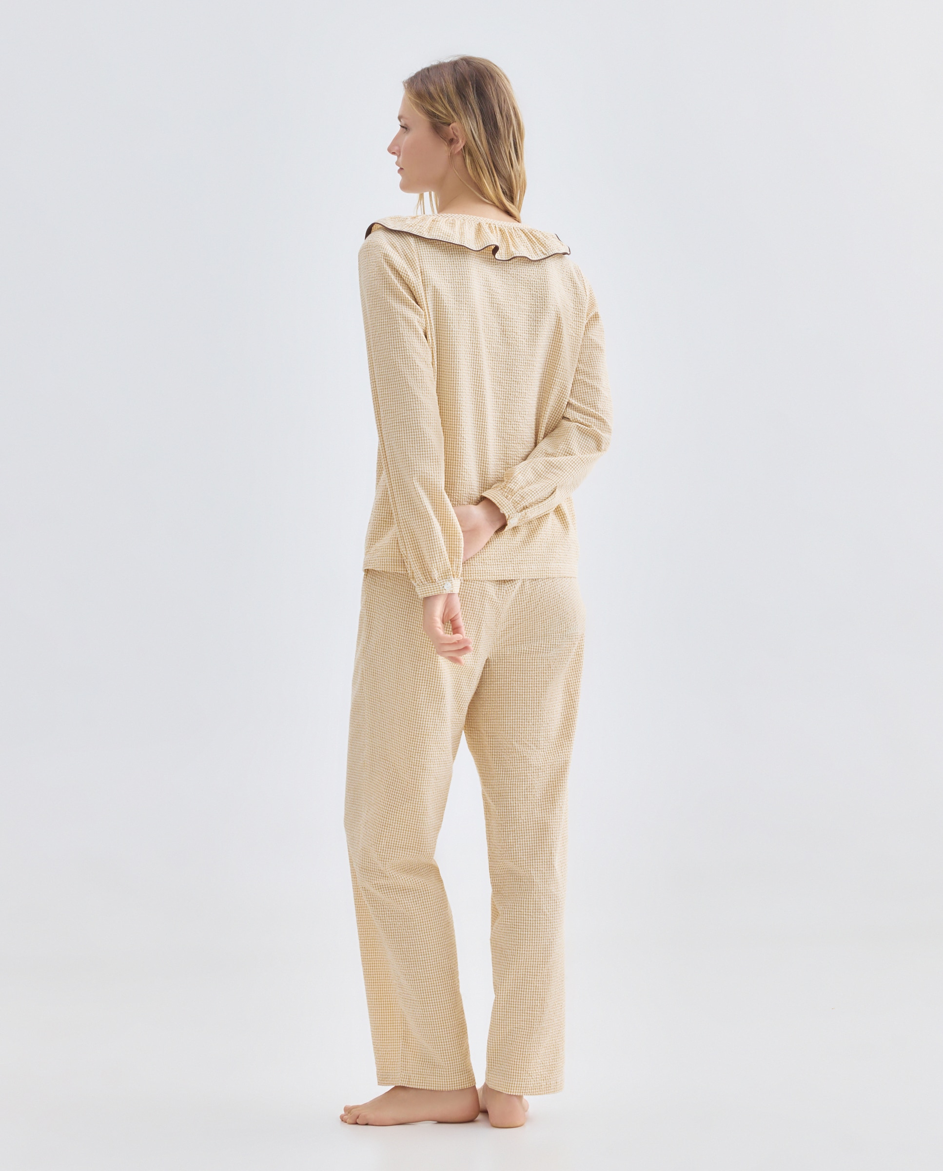 Pijama mujer algodón cuello lazo vichy Mostaza-2
