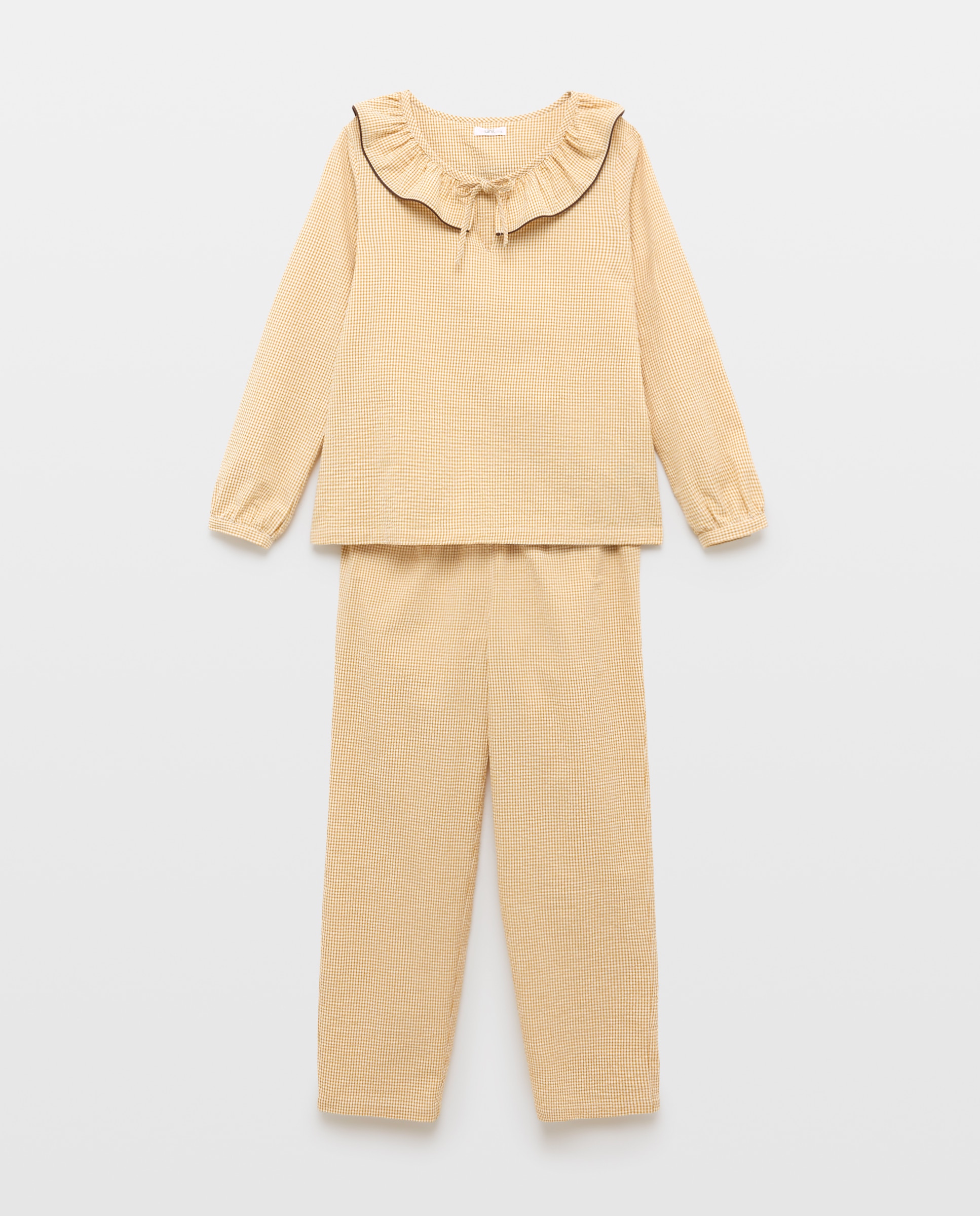 Pijama mujer algodón cuello lazo vichy Mostaza-3