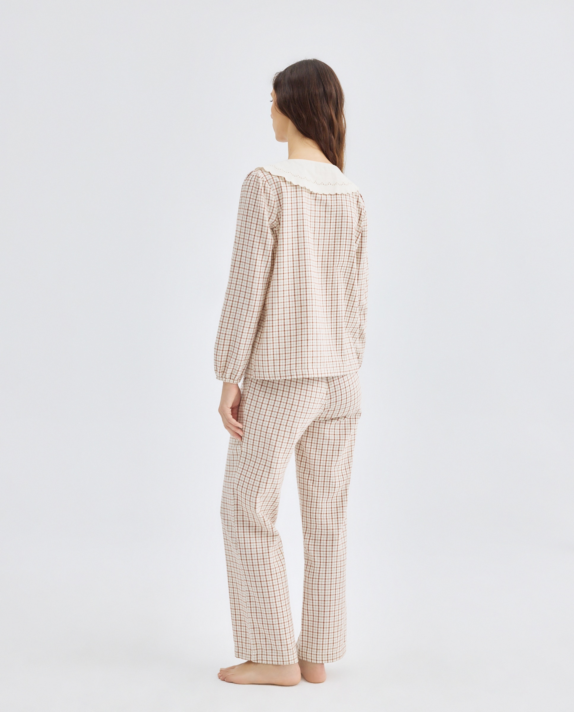 Pijama mujer algodón cuello smock cuadro ventana Blanco roto-2