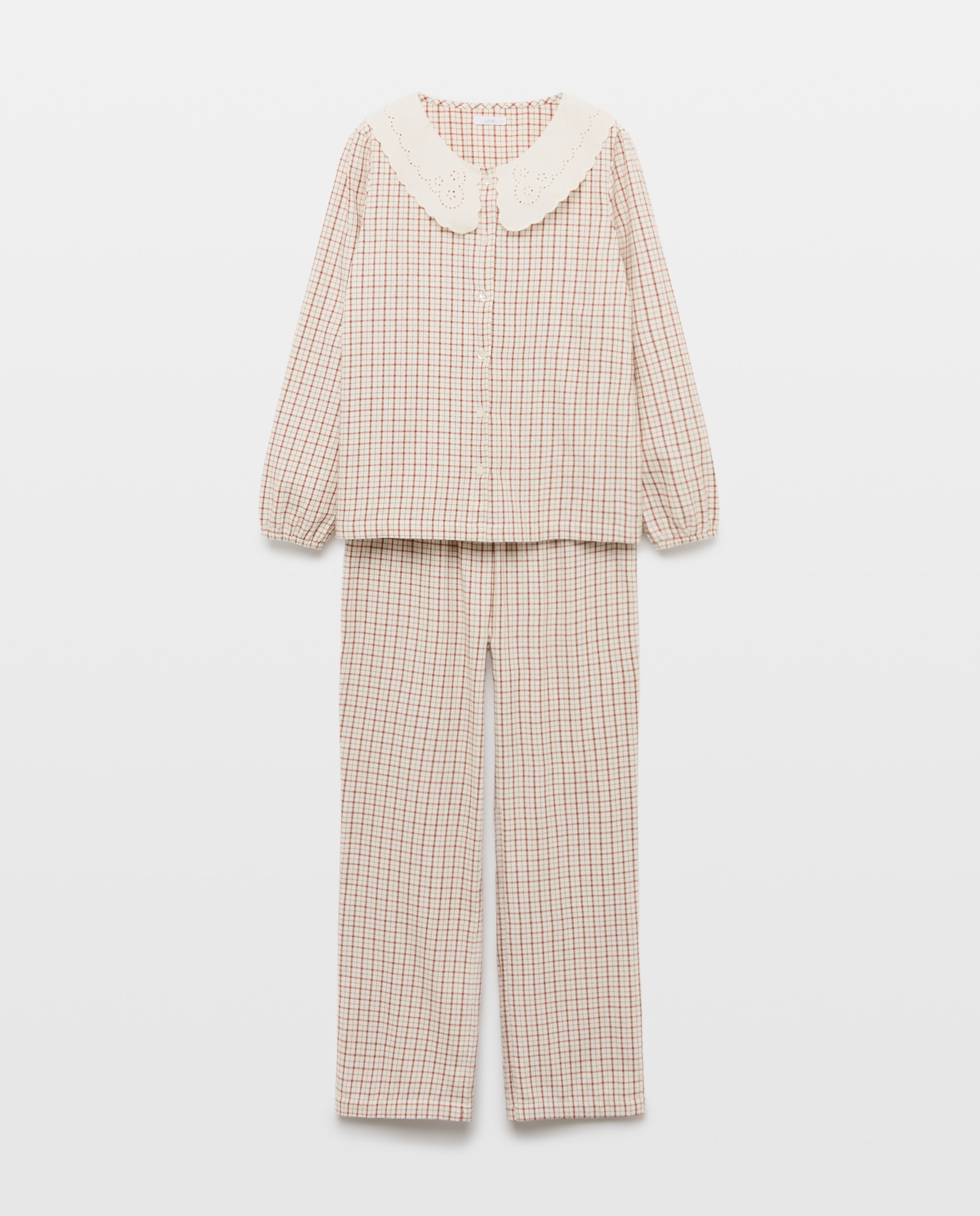Pijama mujer algodón cuello smock cuadro ventana Blanco roto-3