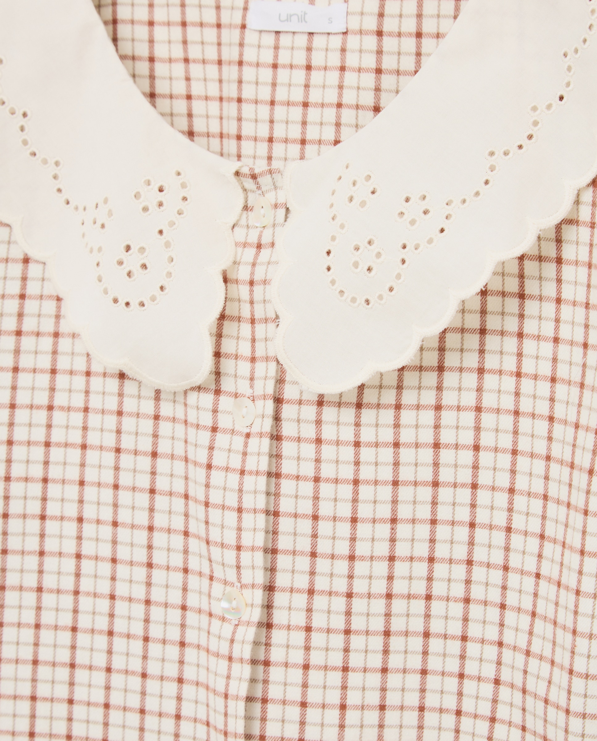 Pijama mujer algodón cuello smock cuadro ventana Blanco roto-4