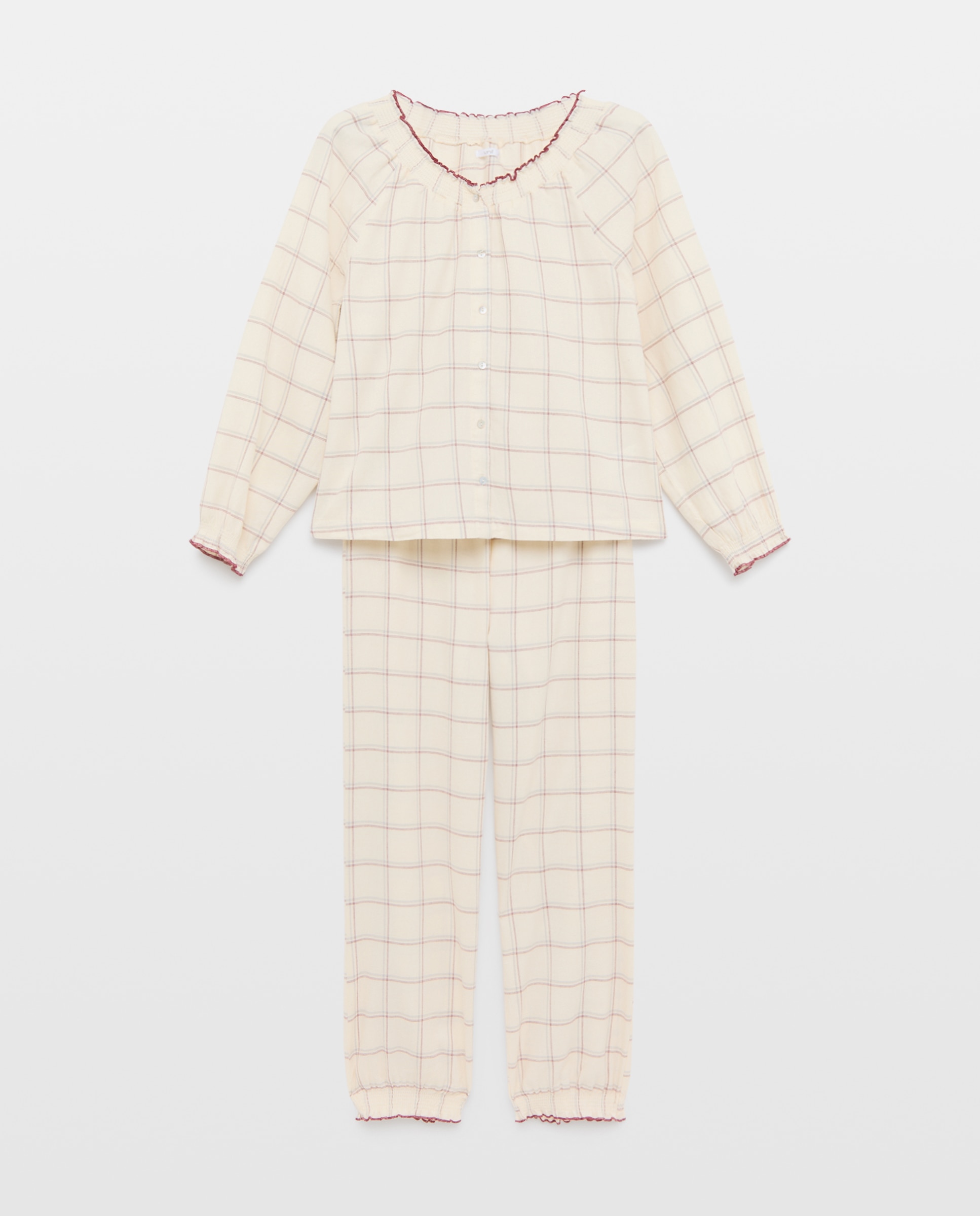Pijama mujer algodón cuello smock Blanco roto-3