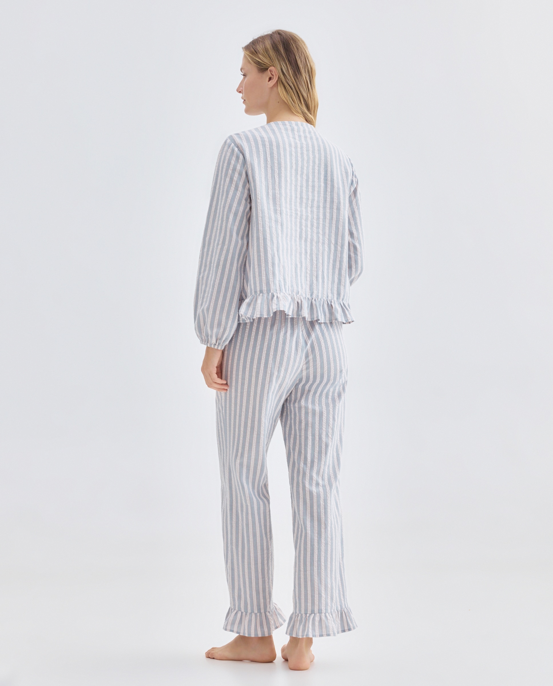 Pijama mujer algodón con volante 400 Azul-2
