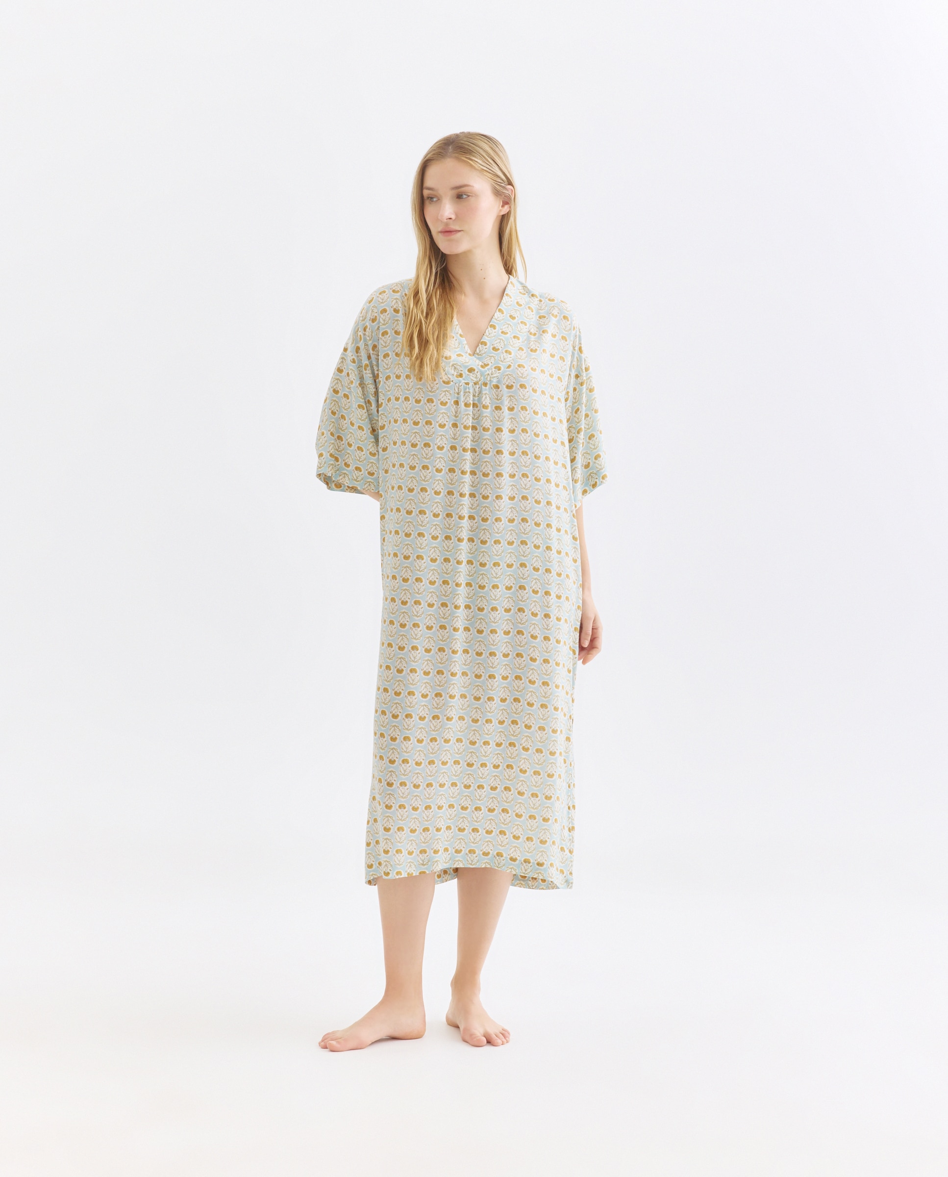 Camisón mujer túnica estampada escote pico Mostaza-1