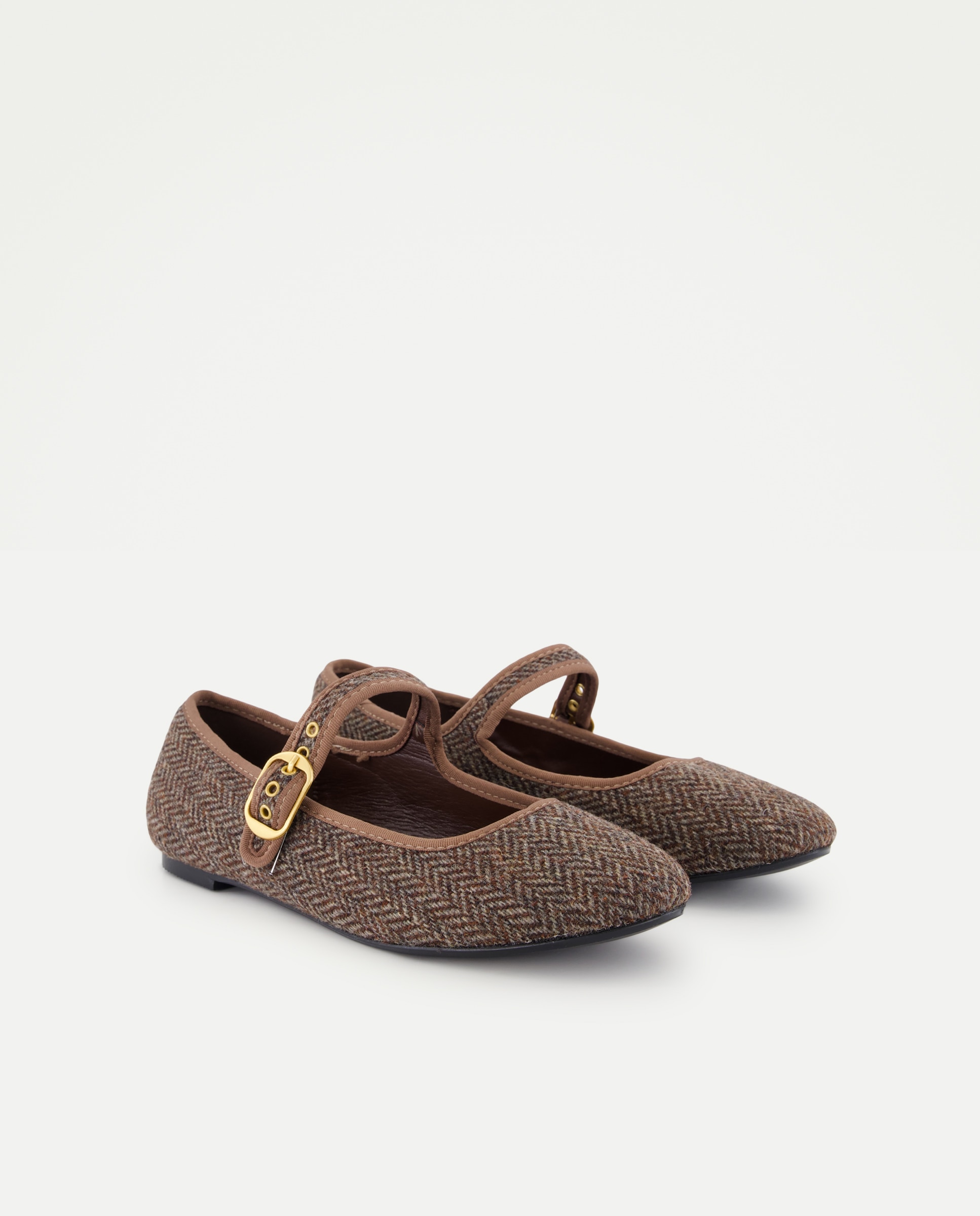 Sapatos de Presilha de Lã com Padrão Espinha de Peixe Castanho-2