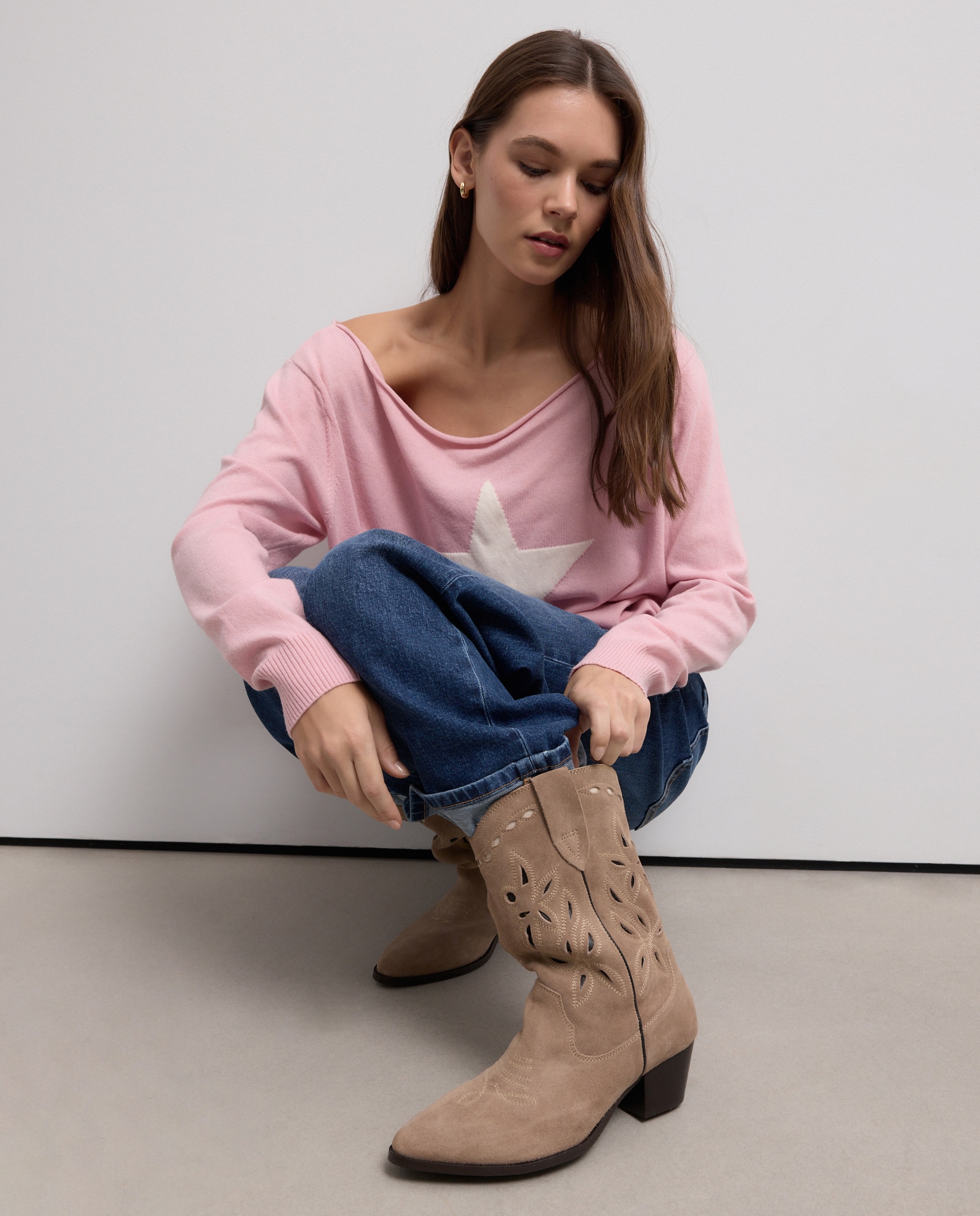 Bota pele mulher estampado contraste Bege-5