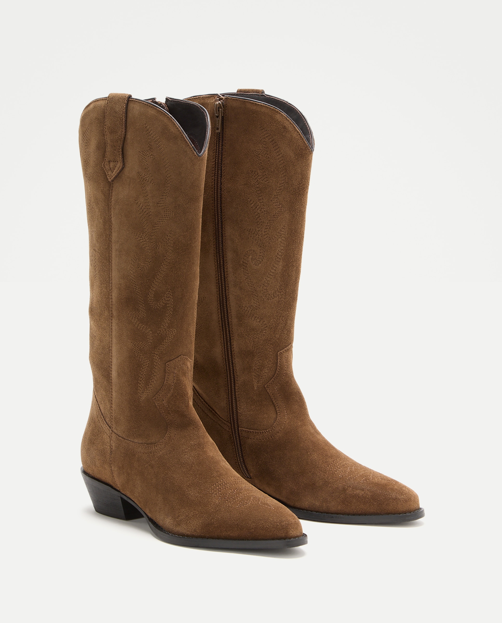 Botas de Cowboy em Pele Tipo Camurça de Cano Alto Castanho-2