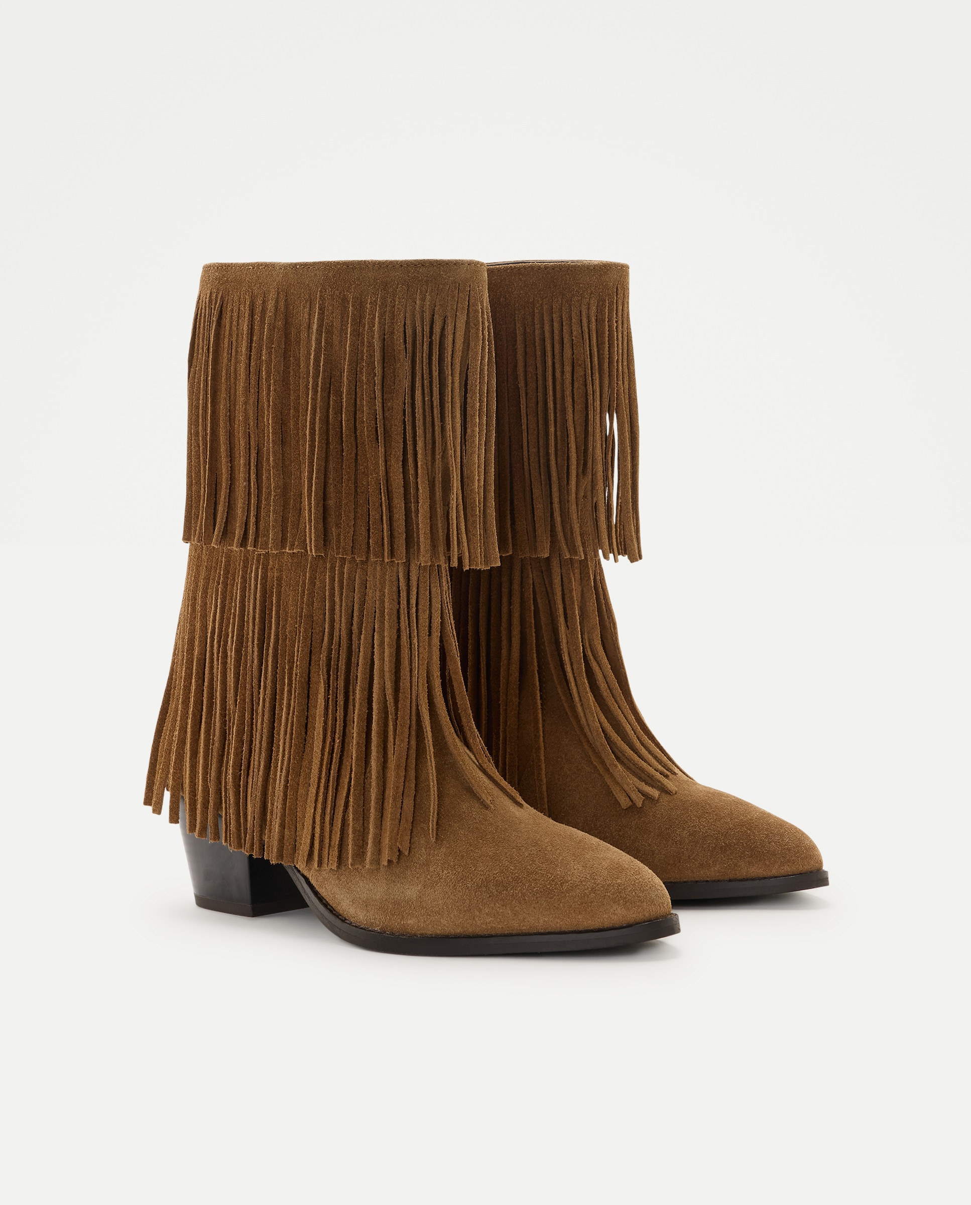 Botins com Franjas em Croute com Tacão Baixo Castanho-2