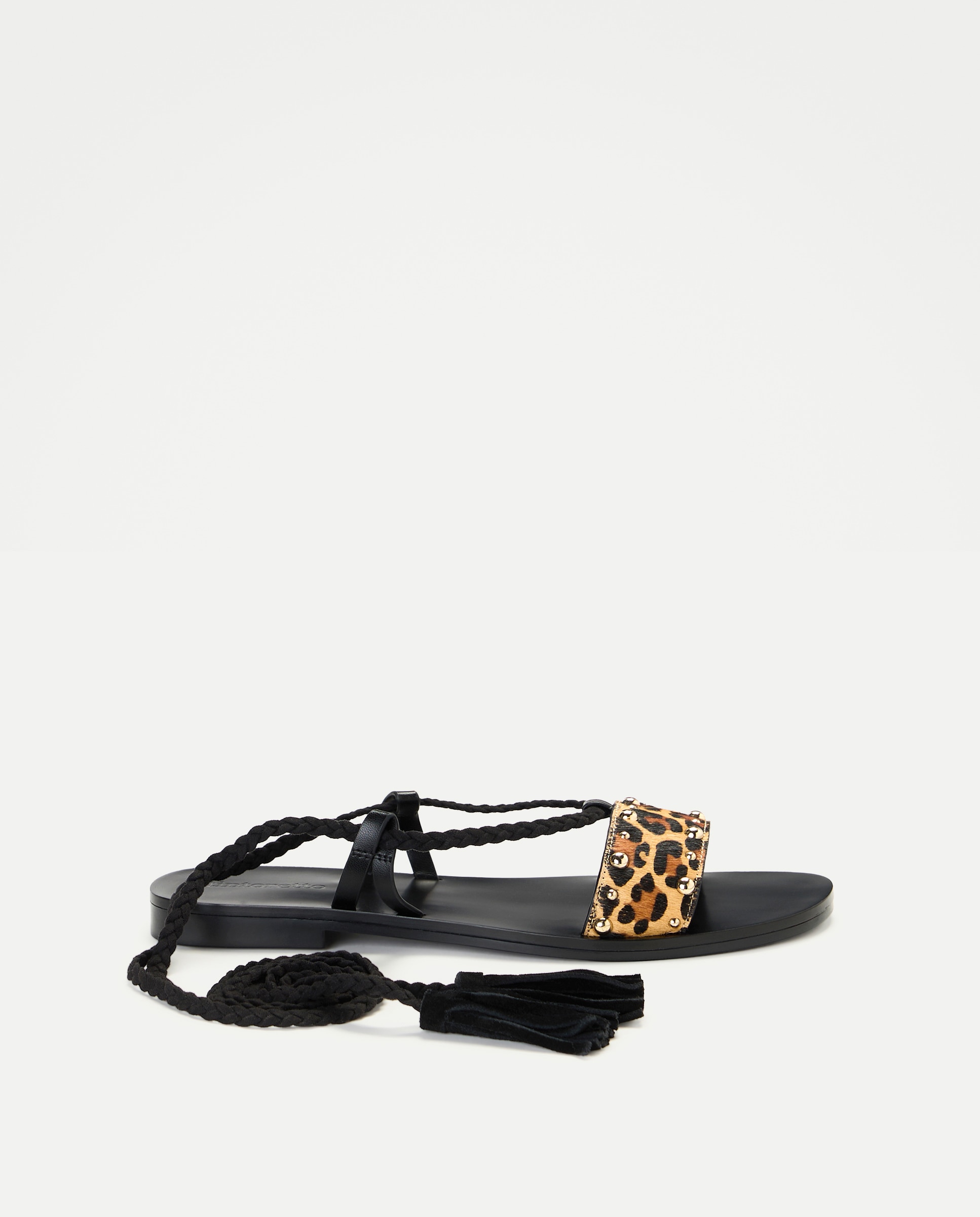 Tintoretto - Sandalias planas de mujer con estampado leopardo y tachas.