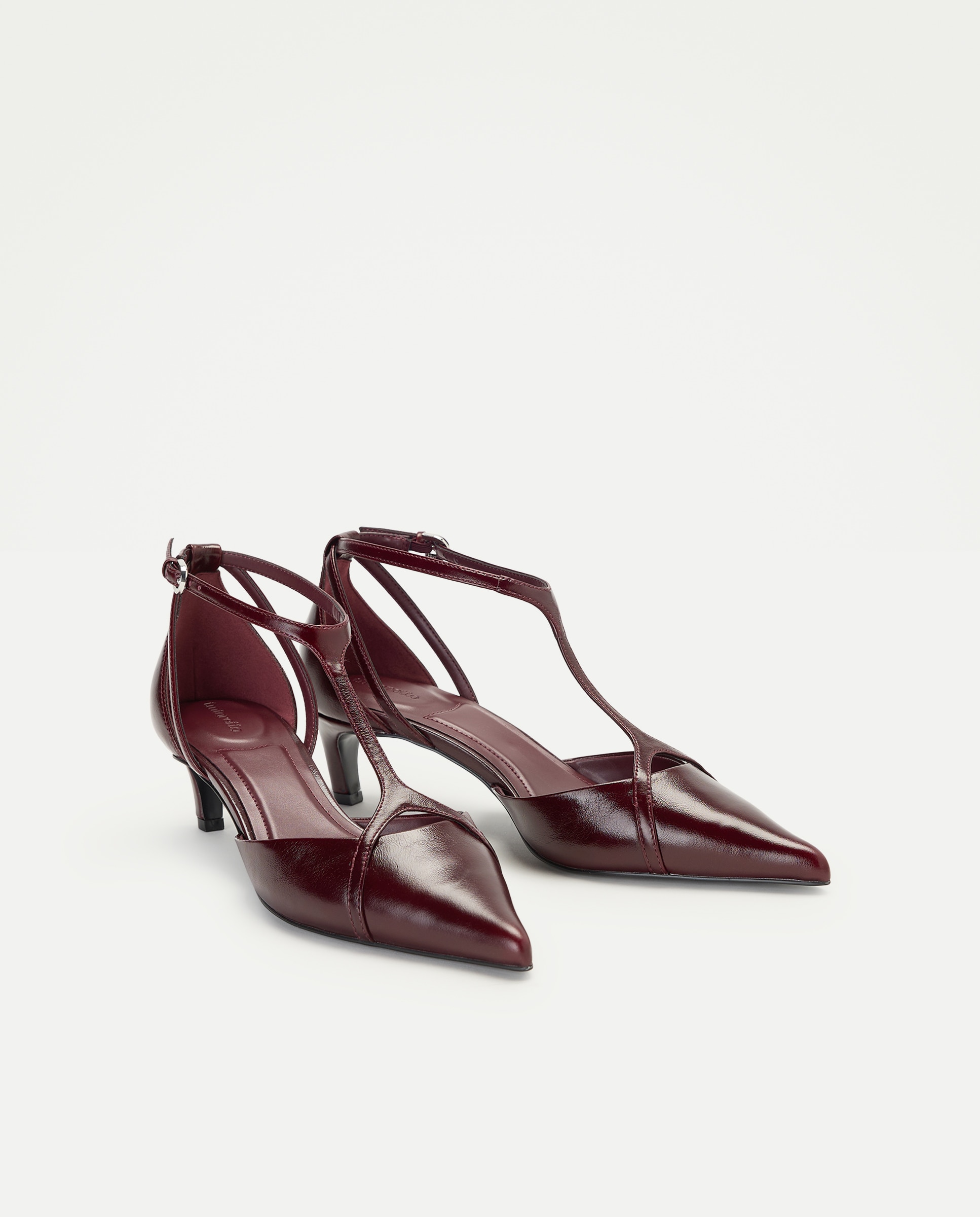 Sapatos de Salto Médio em T com Efeito de Pitão Bordeaux-2
