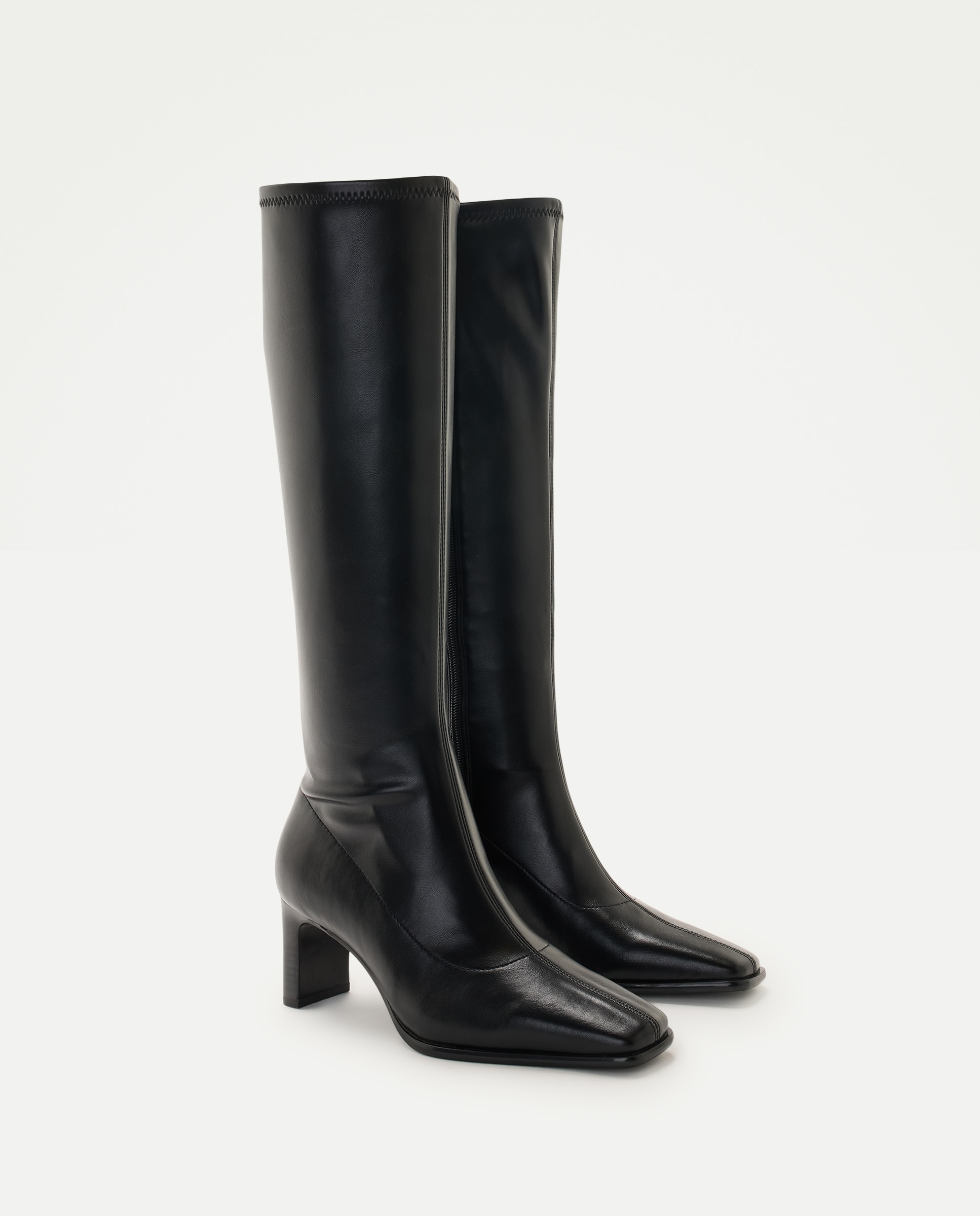 Botas de Salto Elásticas com Biqueira Quadrada Preto-2