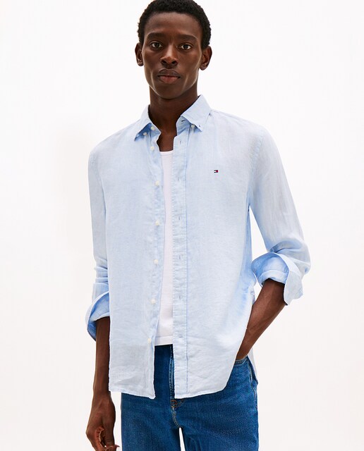 Camisa lisa de lino manga larga con branding bordado