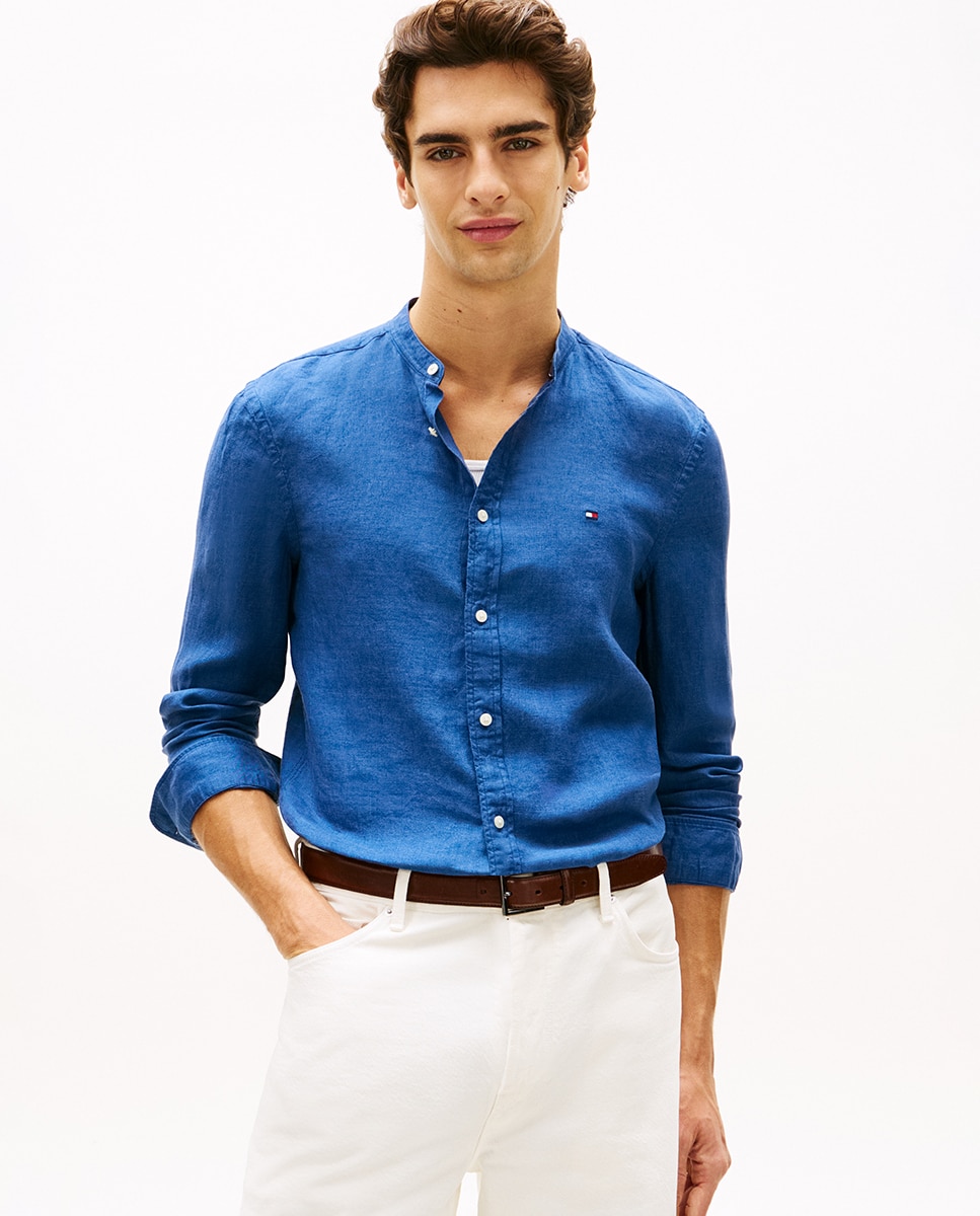 Camisa de Linho com Gola à Padre Azul-marinho-1