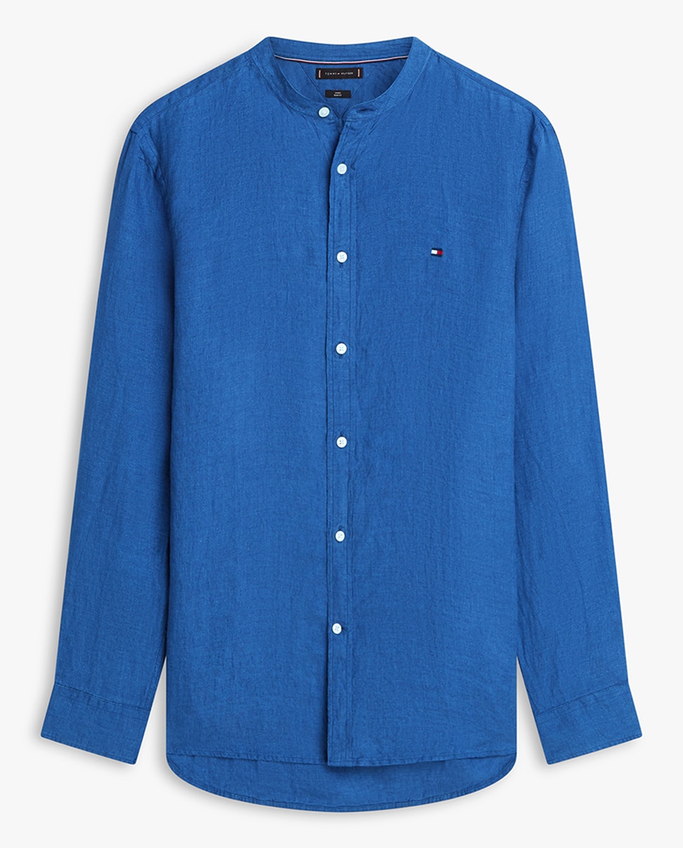 Camisa de Linho com Gola à Padre Azul-marinho-4