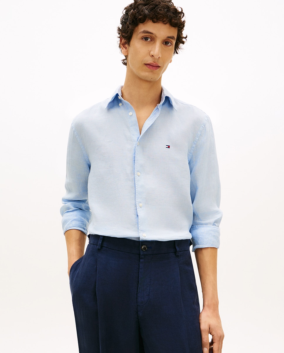 Camisa de caballero de manga larga lisa de lino Azul claro Tommy Hilfiger Azul claro-1