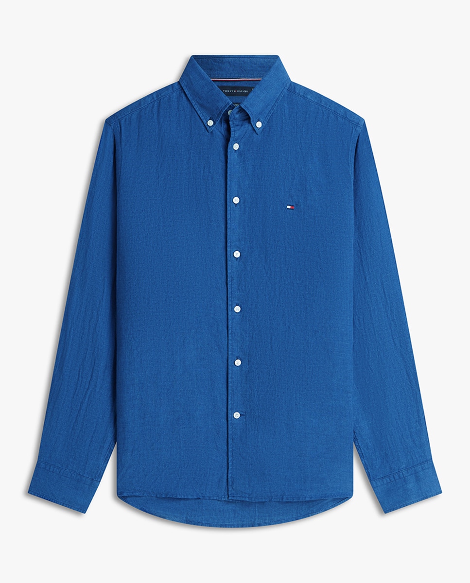 Camisa Lisa de Linho com Manga Comprida Azul-marinho-4