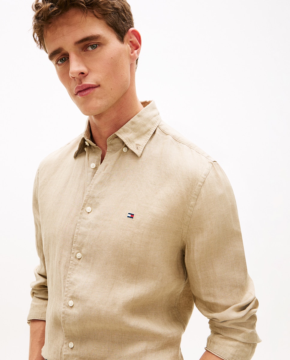 Camisa de caballero de manga larga lisa de lino - Tommy Hilfiger - Beige Beige-3