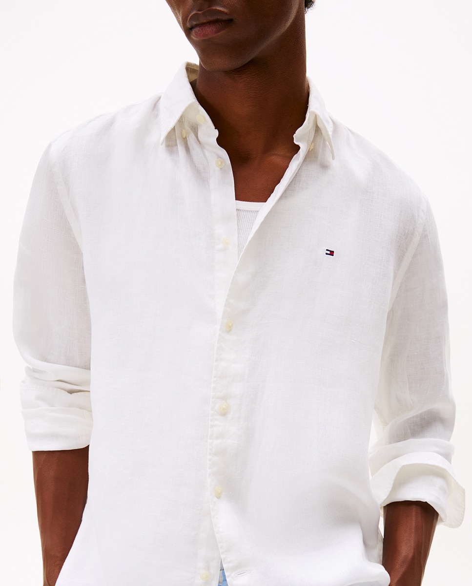 Camisa Lisa de Linho com Manga Comprida Branco-3