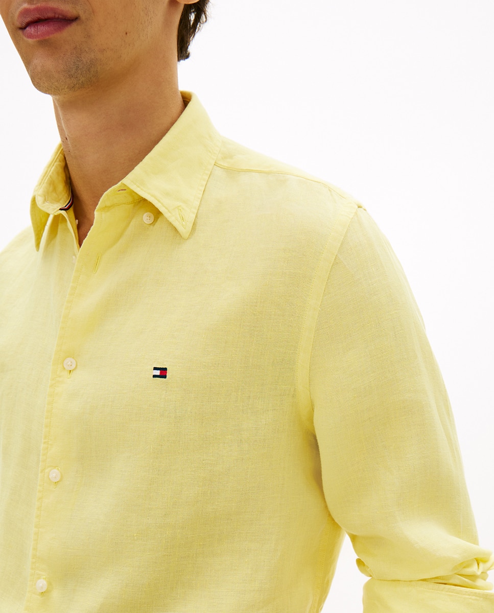 Camisa Lisa de Linho com Manga Comprida Amarelo-3