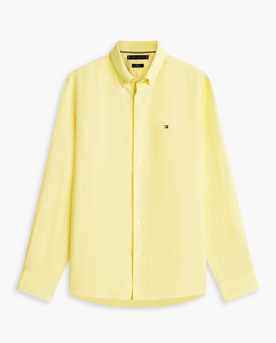 Camisa Lisa de Linho com Manga Comprida Amarelo-4