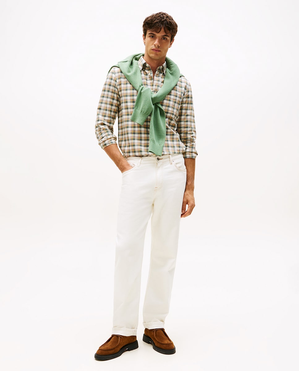 Camisa Oxford Estampada Bege-5