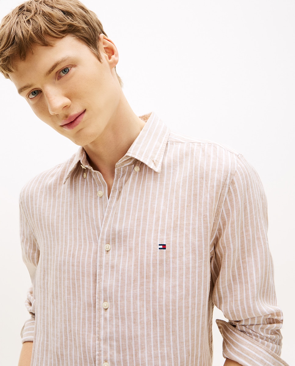 Camisa de Linho Estampada com Manga Comprida Bege-3