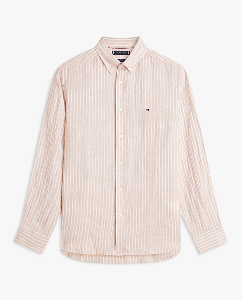 Camisa de Linho Estampada com Manga Comprida Bege-4