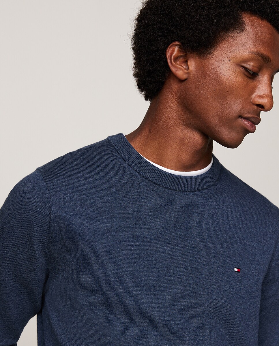 Camisola de Malha de Gola Redonda com Logótipo Bordado no Peito Azul-3