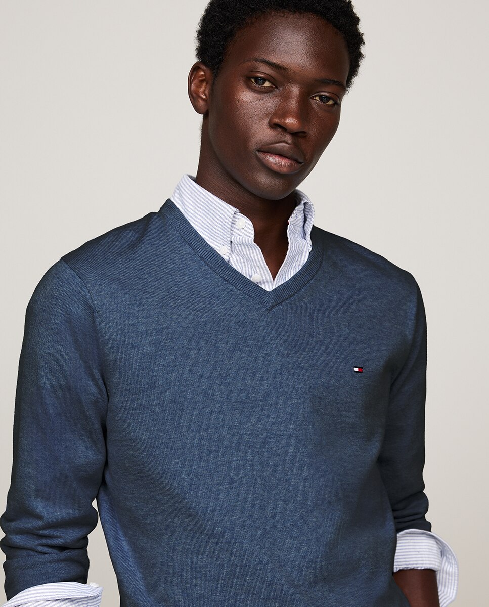 Camisola de Malha Lisa de Algodão com Gola em Bico Azul-3