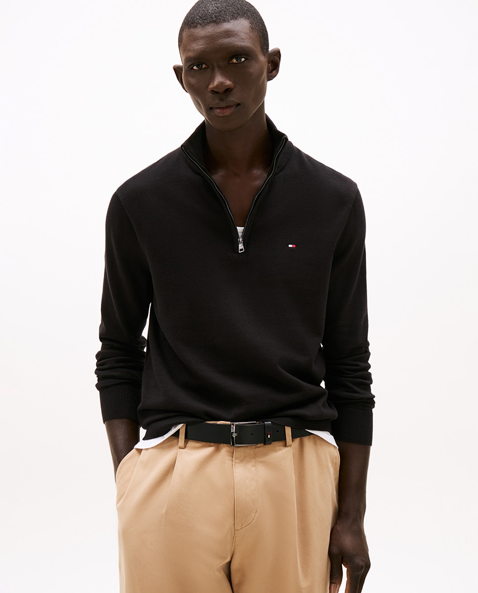 Tommy Hilfiger - Jersey de caballero liso con cierre de media cremallera.