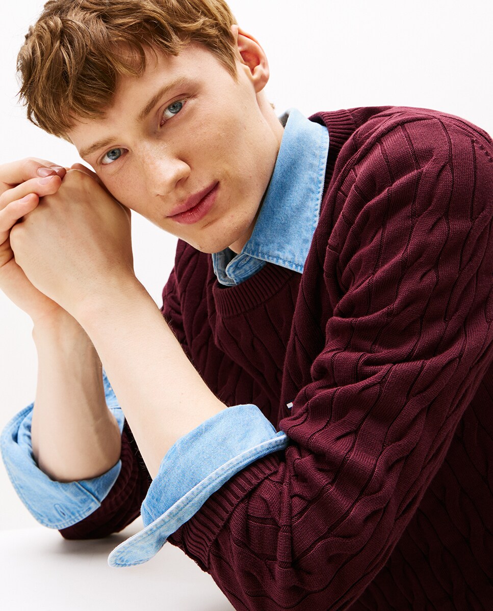 Camisola de Malha do Cabo Estampada com Gola Redonda Bordeaux-3