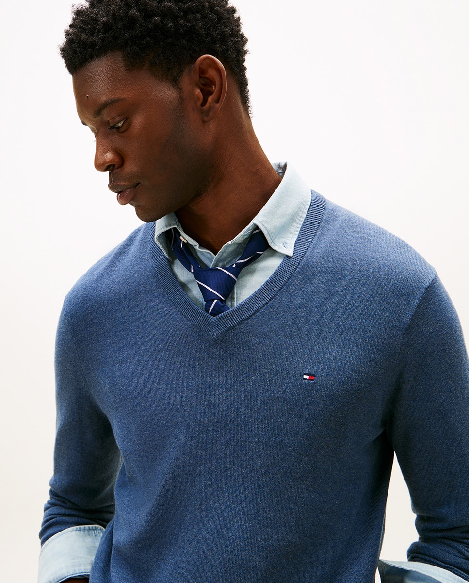 Camisola de malha com decote em bico Azul-índigo-3