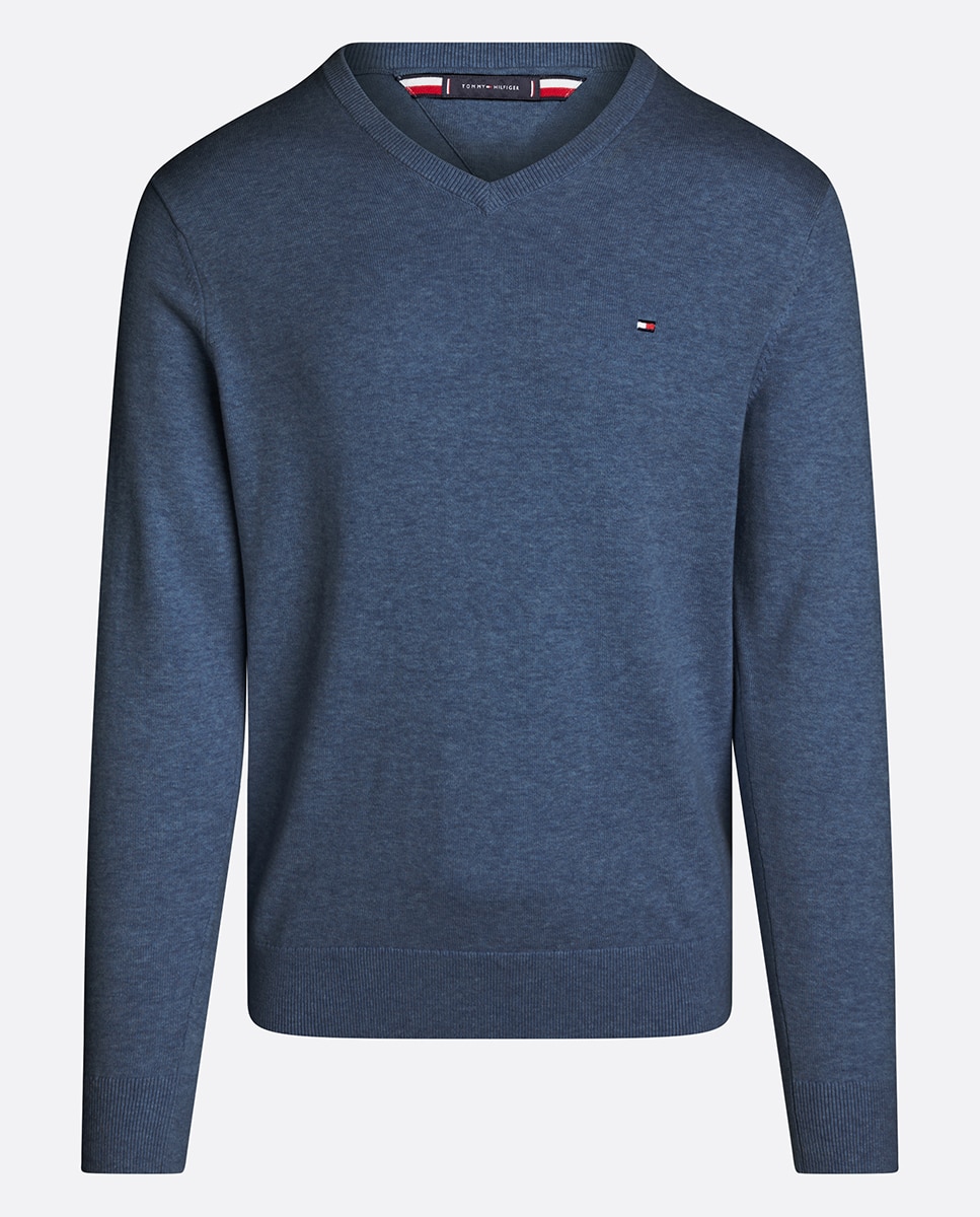 Camisola de malha com decote em bico Azul-índigo-4