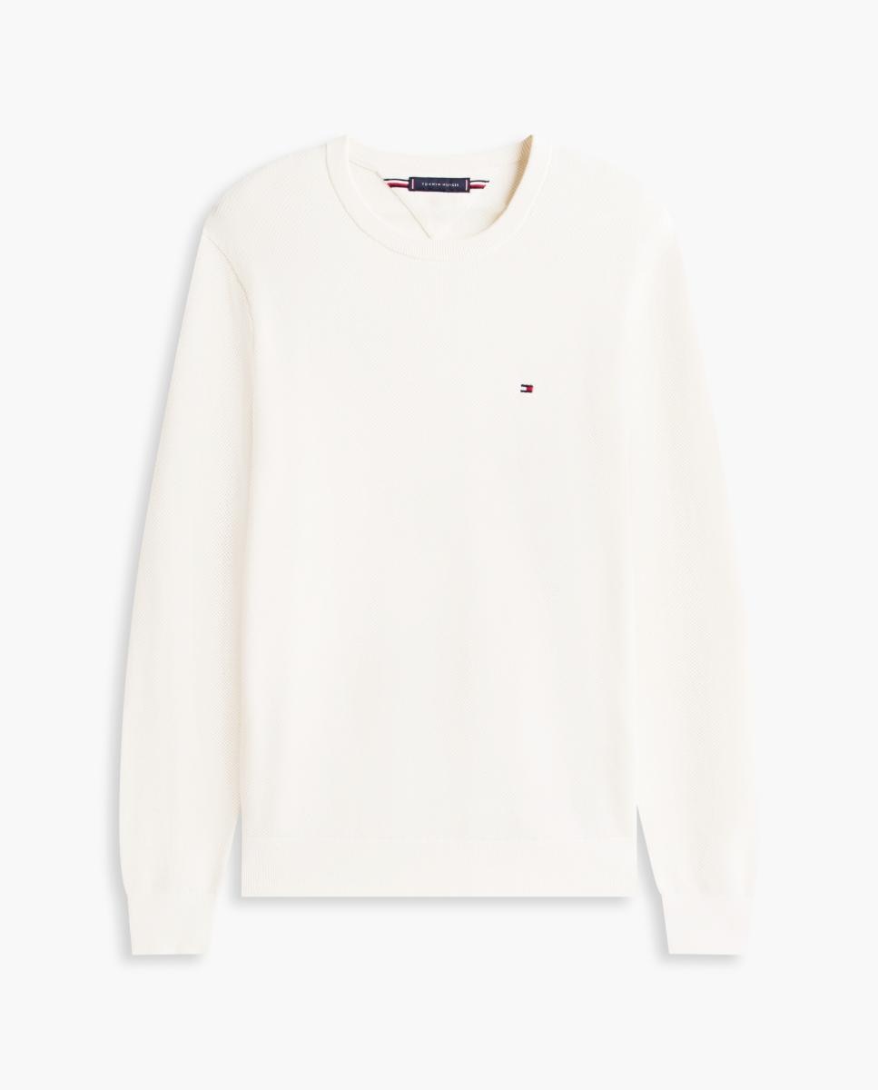 Camisola de Malha Lisa de Algodão com Gola Redonda Branco-4