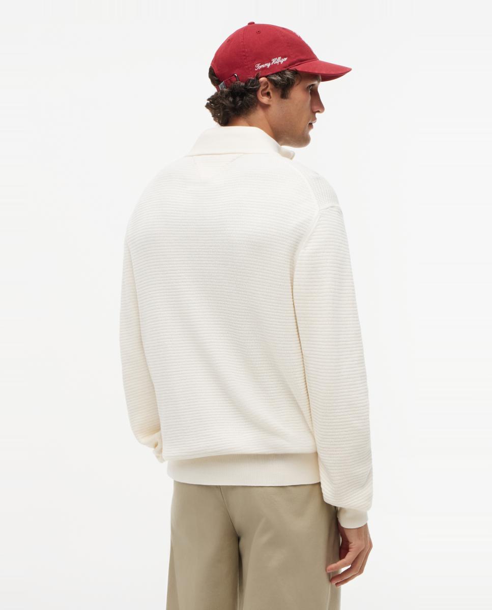 Camisola de Malha Lisa de Estrutura com Meio Fecho de Correr Branco-marfim-2