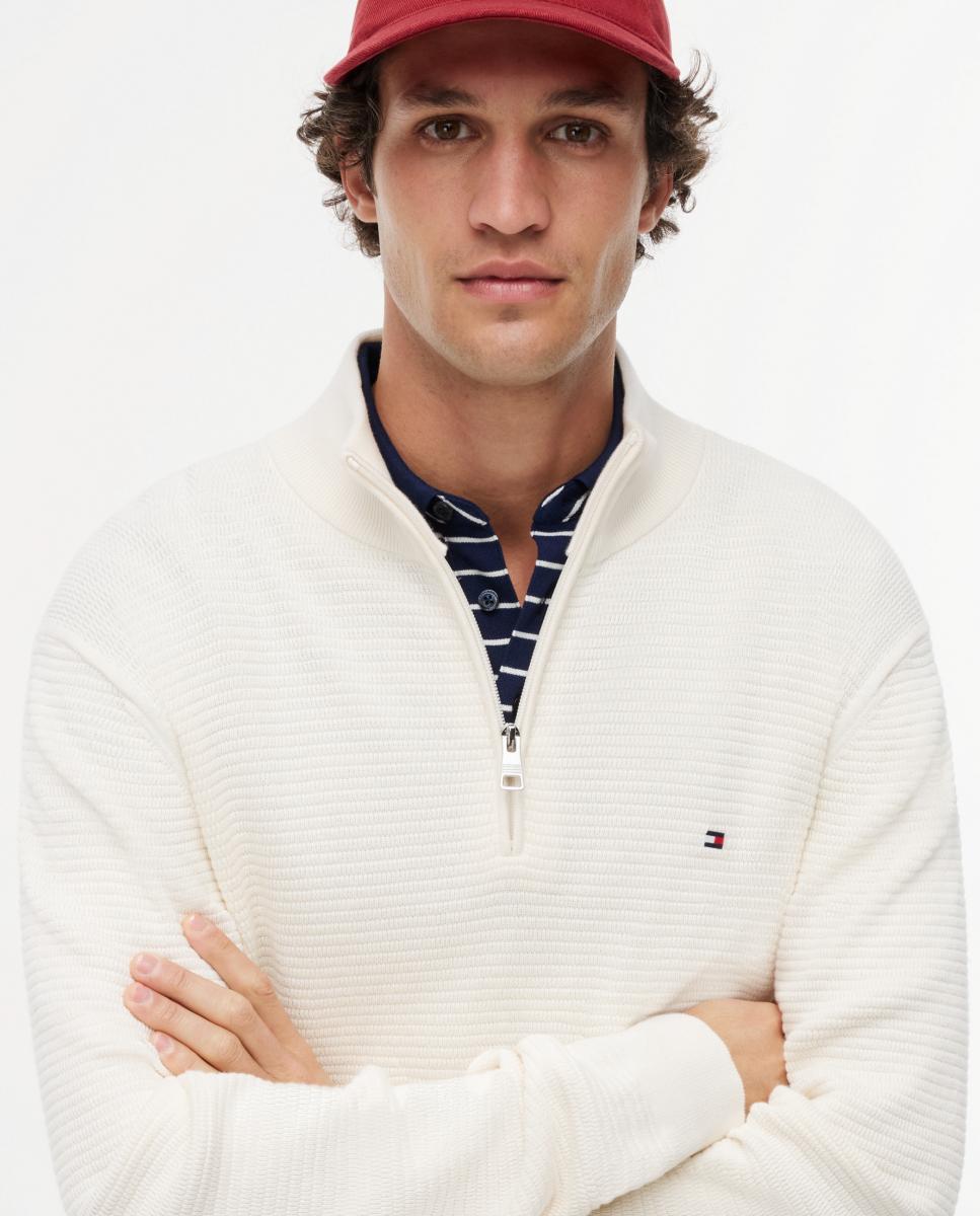 Camisola de Malha Lisa de Estrutura com Meio Fecho de Correr Branco-marfim-3