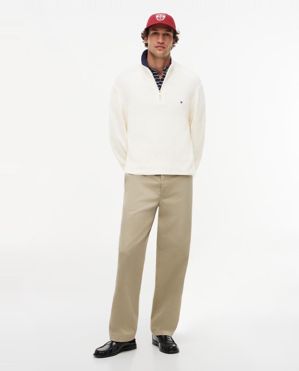 Camisola de Malha Lisa de Estrutura com Meio Fecho de Correr Branco-marfim-6