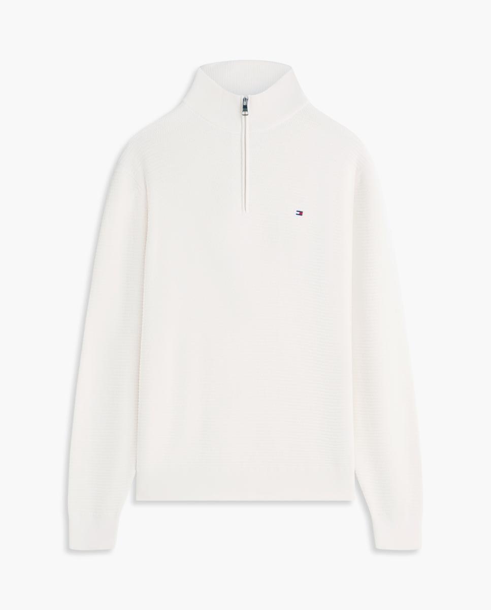 Camisola de Malha Lisa de Estrutura com Meio Fecho de Correr Branco-marfim-4