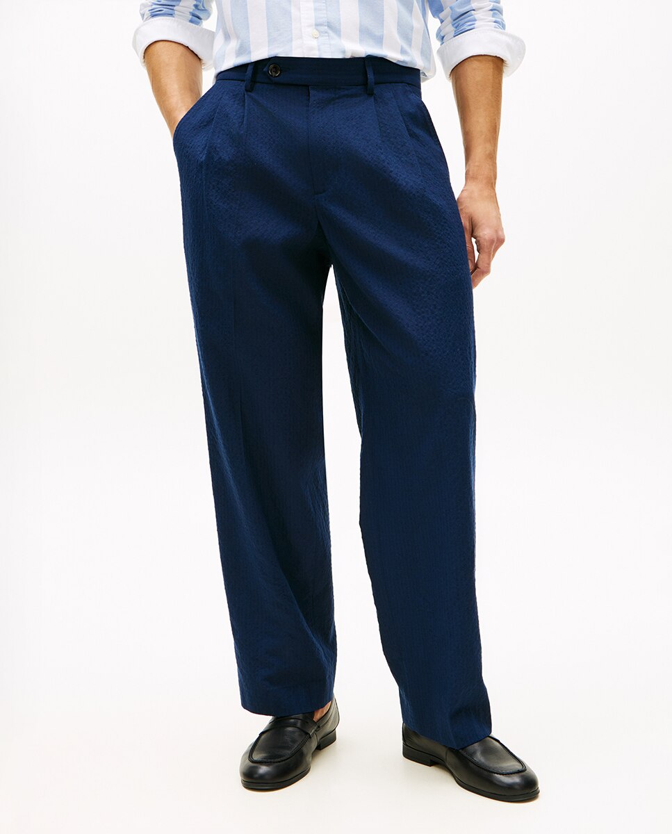 Calças Tipo Seersucker Relaxed Fit Azul-marinho-2