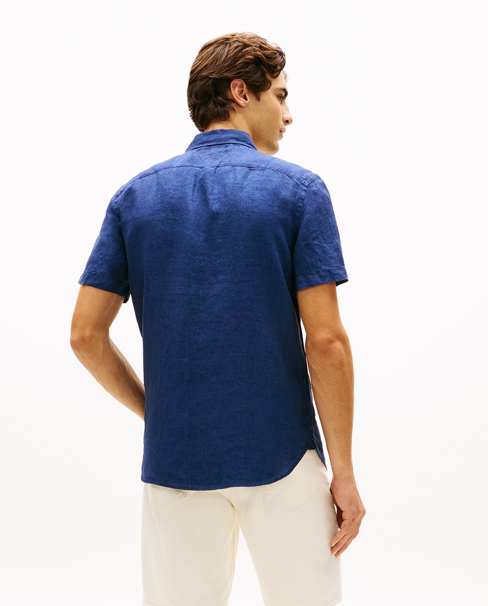 Camisa Lisa de Linho com Manga Curta Azul-marinho-2